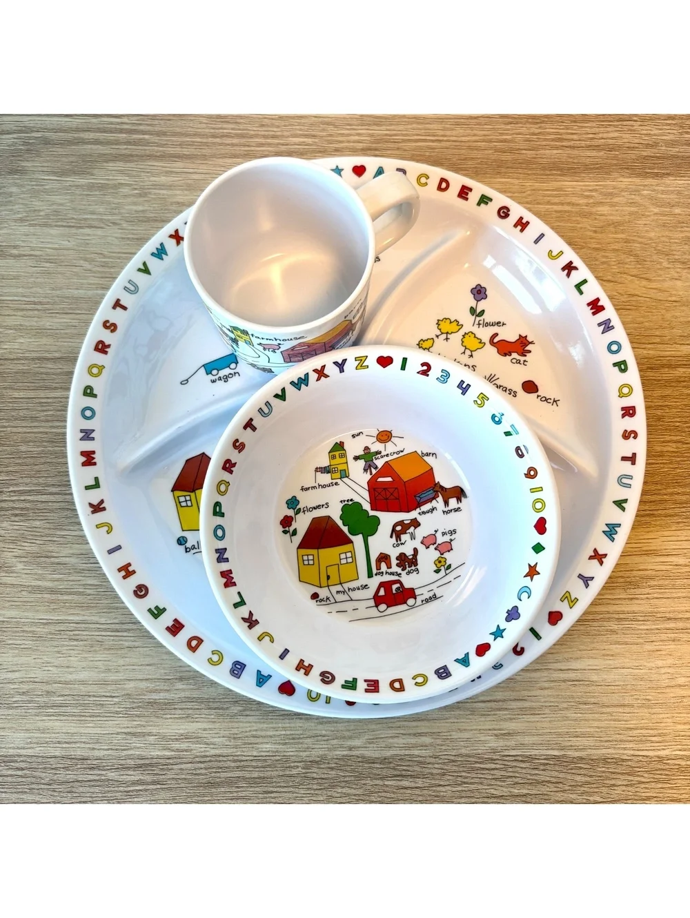Vintage 1987 Anacapa Melamine Farm Children’s Dish Set Divided Plate, Bowl & Cup